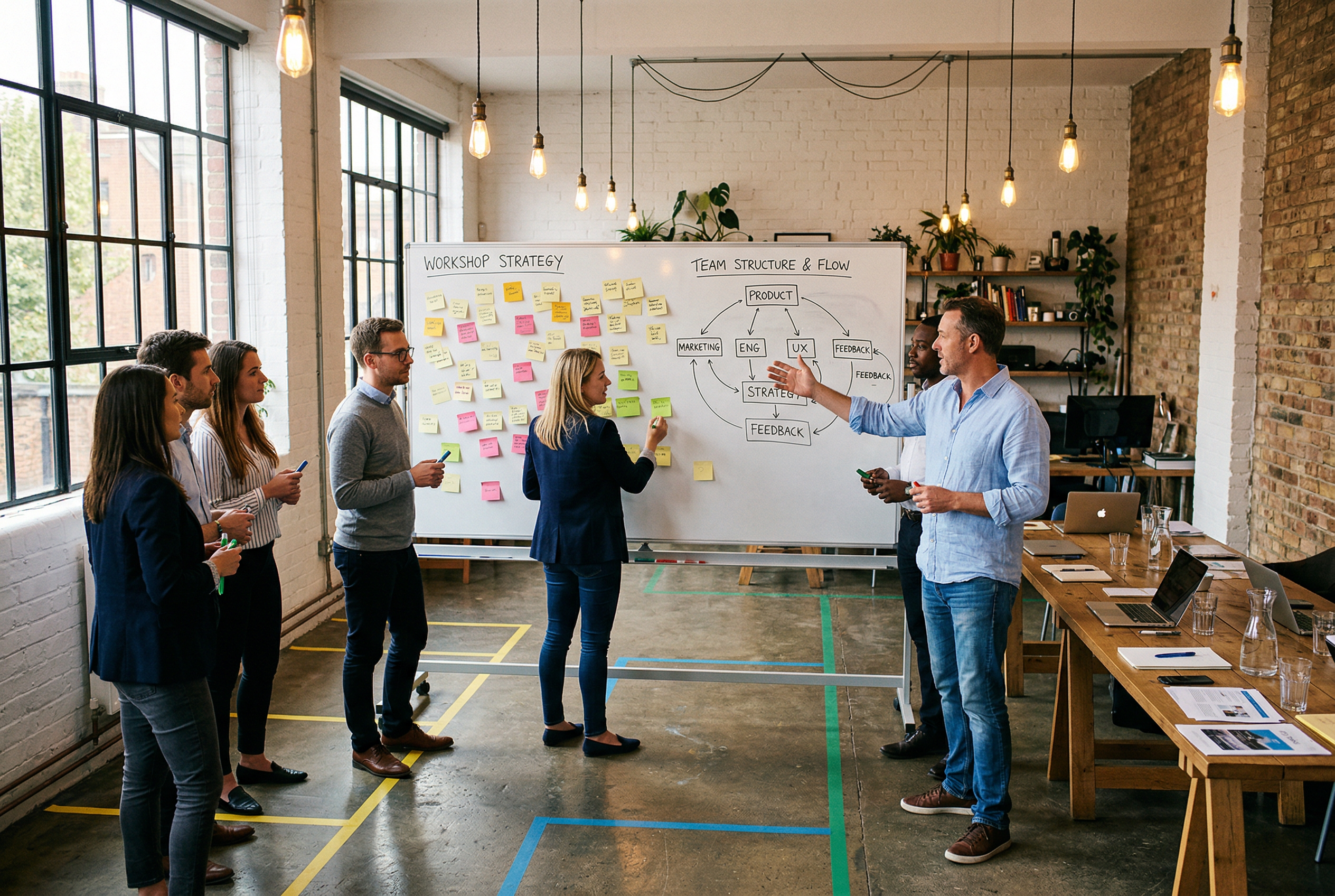 Beyaz tahta onunde ekip olusturma atolyesindeki katilimcilar