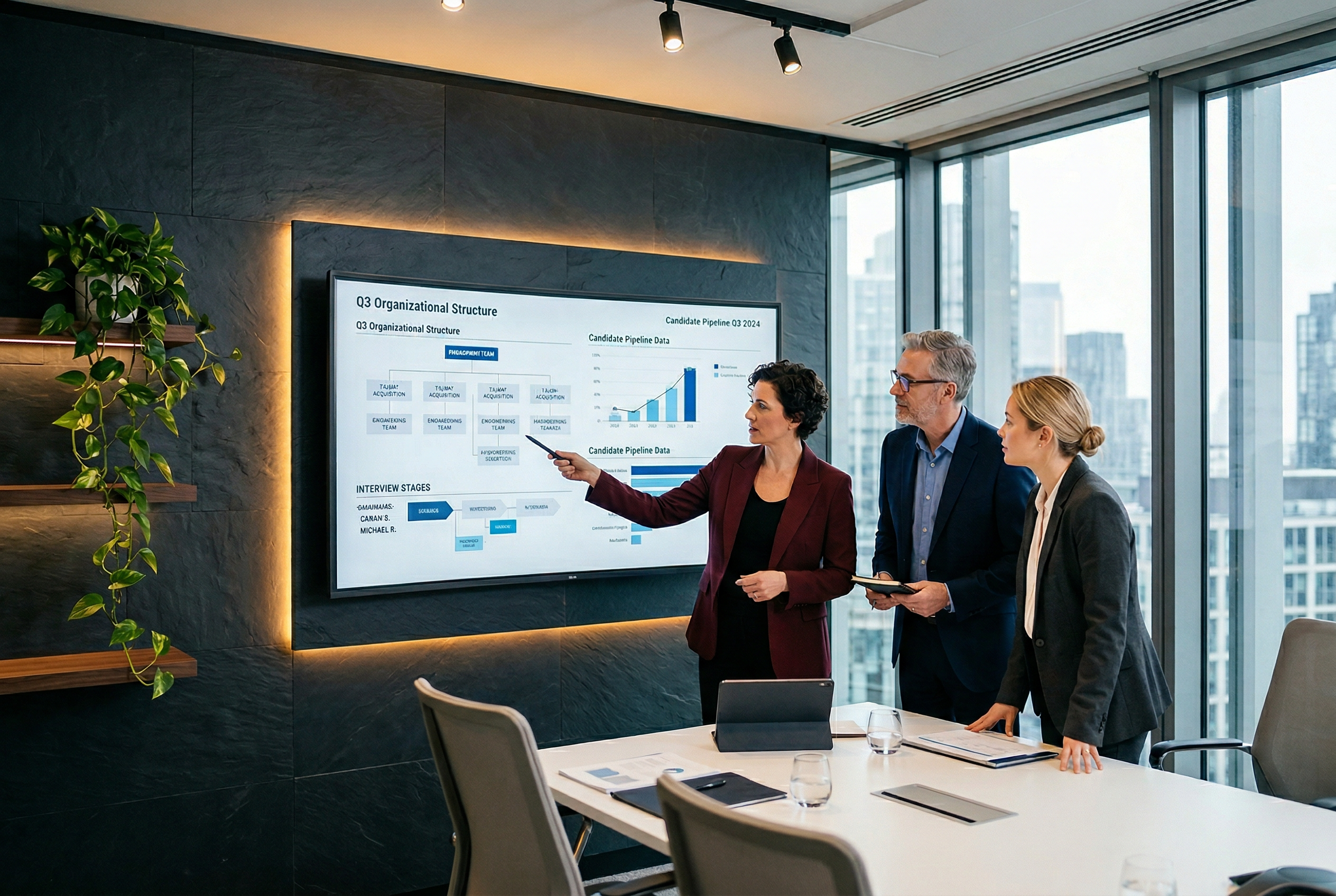 Teknoloji sirketinde strateji toplantisi yapan yoneticiler